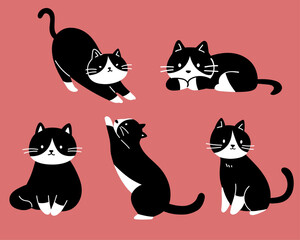 ハチワレ猫の色んなポーズシンプルかわいいイラストセット