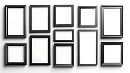 minimalist gallery wall mockup showing modern rectangular and square blank picture frames with subtle shadows on pure white background