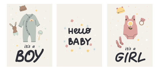 Happy birthday invitation. Card design. Pastel newborn party with clothes and toys. Cute poster or print. Decorative banners. Baby shower. Vector cartoon flat style isolated illustration set