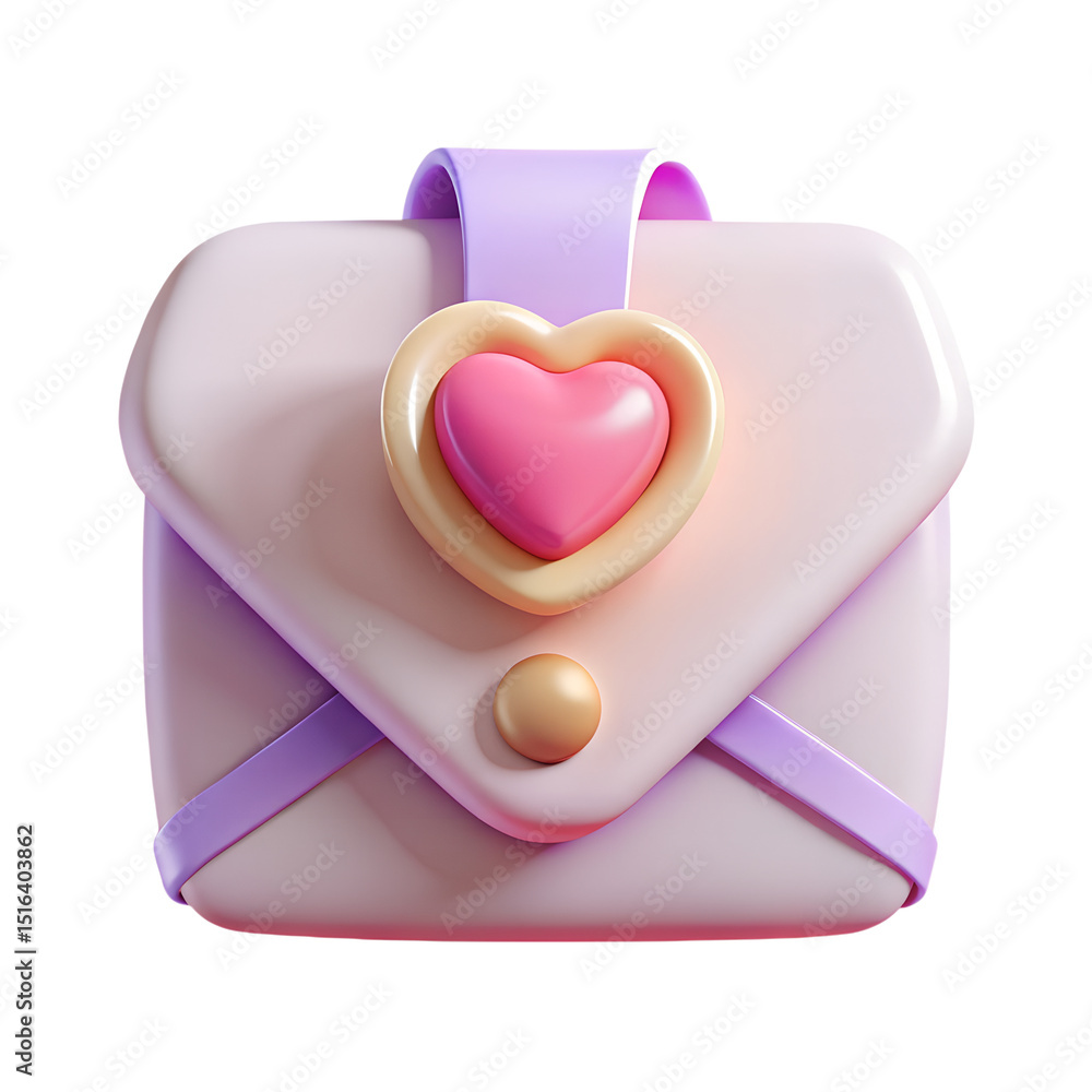 Poster a charming 3d rendering plastic-style icon featuring a soft pink envelope with a heart-shaped pendan