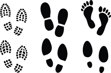 collection of Human walking footprints shoes and shoe sole funny feet footsteps paws people. vector footsteps icon or sign for print, isolated on white background