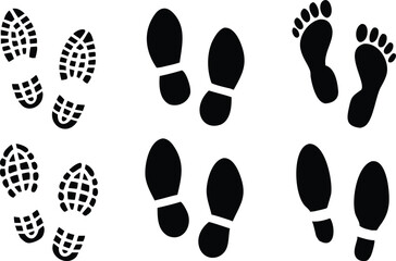 collection of Human walking footprints shoes and shoe sole funny feet footsteps paws people. vector footsteps icon or sign for print, isolated on white background