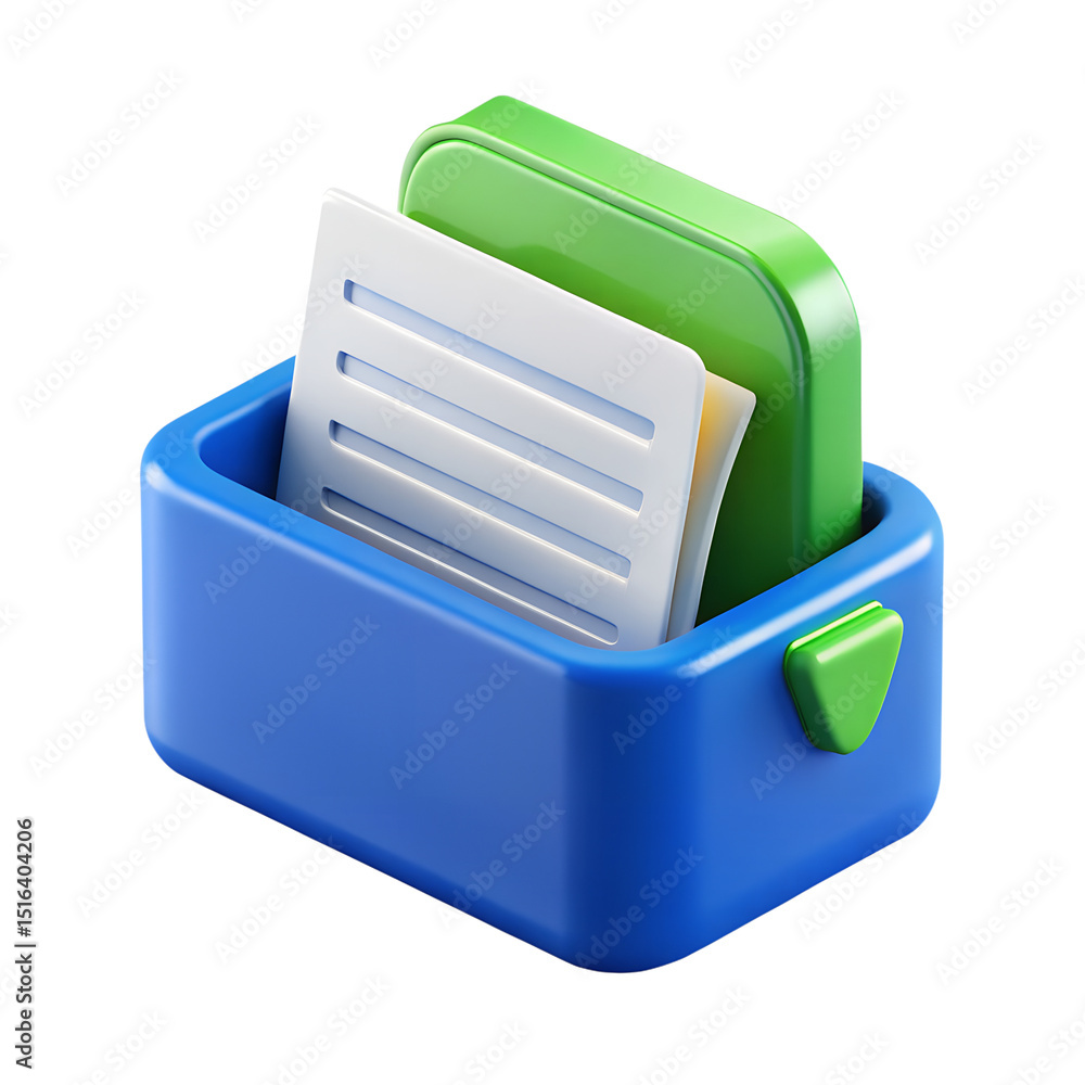Poster a colorful 3d rendering of a plastic-style file box holding documents icon isolated on transparent b