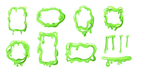 Slime green frame. Different forms border for graphic design. Melting liquid, abstract blob drip, square and round, jelly splash and spot. Decorative background. Vector cartoon isolated set