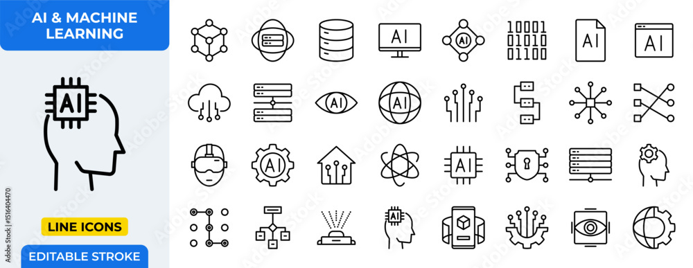 Poster ai & machine learning line icons set - artificial intelligence, big data, neural networks, robotics,