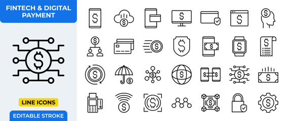 Fintech & Digital Payment Line Icons Set - Online Banking, Mobile Wallet, Cryptocurrency, E-commerce, and Financial Technology Vector Outline Collection