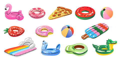 Cartoon inflatable toys. Colorful swimming rings and mattress, rubber water summer pool funny swimming accessories, flamingo, pizza and ball, watermelon and donut, vector flat isolated gradient set