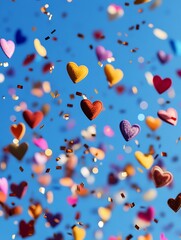 Colorful hearts and confetti in the air