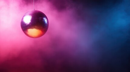 A striking disco ball reflecting vibrant colors in a foggy setting, evoking feelings of nostalgia and fun, perfect for party themes and celebratory moments.