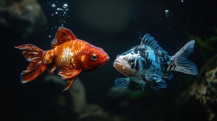 Fototapeta premium Two goldfish swim in the dark water with bubbles floating upwards. Use for representing nature, aquariums, pets, or underwater themes.