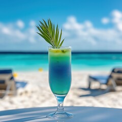 Enjoying a colorful drink by the ocean