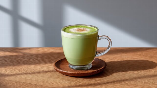 Matcha latte milk natural light concept. A steaming cup of matcha tea on a rustic wooden table, illuminated by soft sunlight.