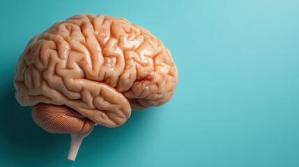 A realistic model of a human brain showcasing intricate textures and formations, illustrating complex neural structures set against a calming blue background.