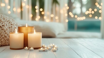 An inviting arrangement of candles illuminated softly, creating a calming mood and enhancing a cozy environment perfect for relaxation and mindfulness in any setting.
