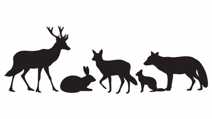 Fototapeta premium Silhouette vector art featuring a deer, rabbit, fox, and skunk, ideal for wildlife designs and nature themes