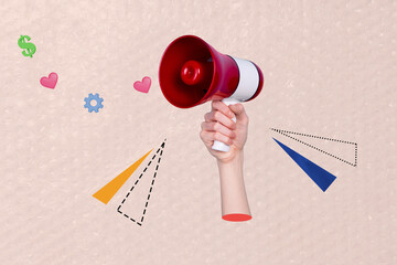 Creative 3D photo collage trend artwork template of hand hold loudspeaker proclaim like banner...