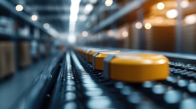 A detailed view of an automated conveyor belt with yellow markers, illustrating the efficiency of logistics systems and the importance of streamlined operations in warehouses today.