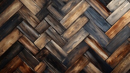 Intricate herringbone pattern of weathered coarse rustic wood planks