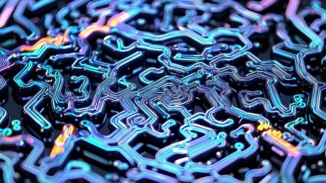 Neon blue circuit lines glow on board. Digital pattern connects chip routes. Electronics layout simulates AI logic. Technology visualization of circuit paths. Network system powered by chip design.