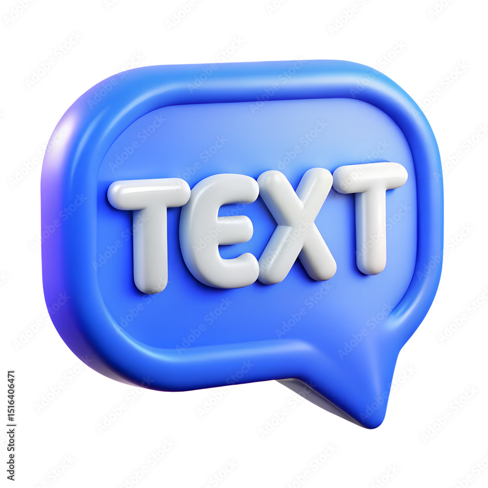Poster a vibrant 3d rendering of a blue speech bubble with the white word text rendered in a plastic-style 