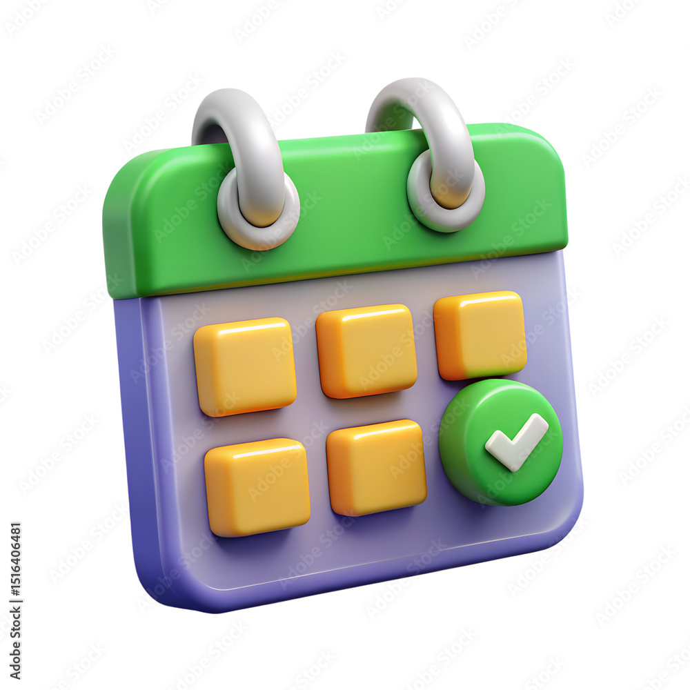 Poster a vibrant 3d rendering of a calendar icon with a checkmark representing schedule management and impo