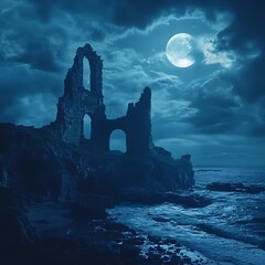 Ruined castle at night by the sea