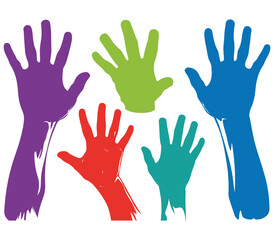 Silhouette of rainbow colored hands, Teamwork design, Colorful raised hands in silhouette style on white background