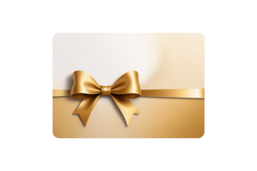 Horizontal thin gold ribbon and bow gift card template with transparent gradient white background accent