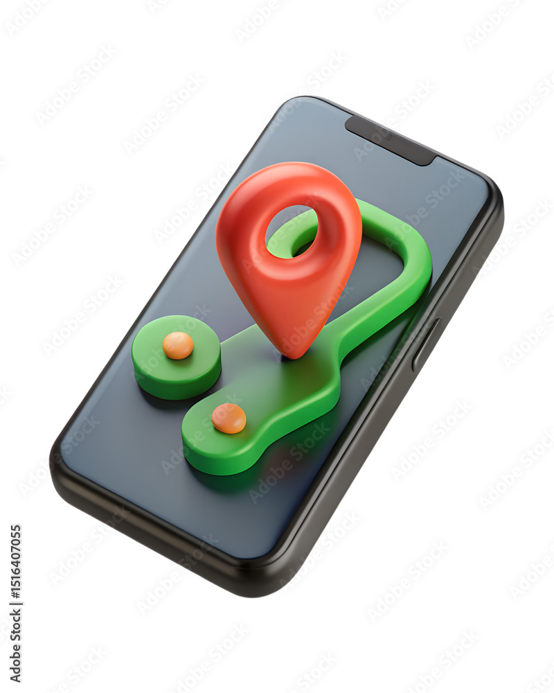 Poster a vibrant 3d rendering of a navigation app interface featuring a location pin and route on a modern 