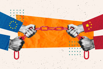 Trendy poster art collage of hands pull metal chain europe vs china trade war disagreement problem economy crisis conflict © deagreez