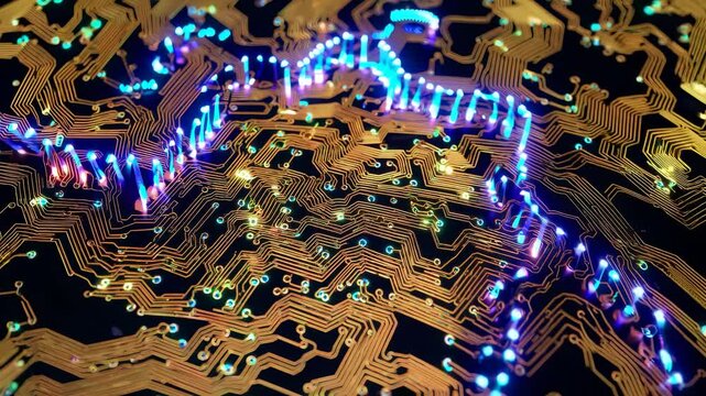 Circuit pattern glows digital flow. Electronics board shows complex chip design. Microchip connects through layered circuit paths. Circuit system powers microchip network precision and electronics.