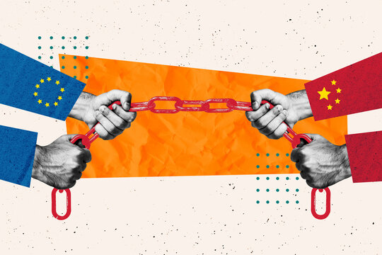 Fototapeta Trendy poster art collage of hands pull metal chain europe vs china trade war disagreement problem economy crisis conflict