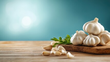 A visually appealing arrangement of fresh garlic bulbs on a wooden surface with a turquoise background, highlighting nature's culinary ingredients.