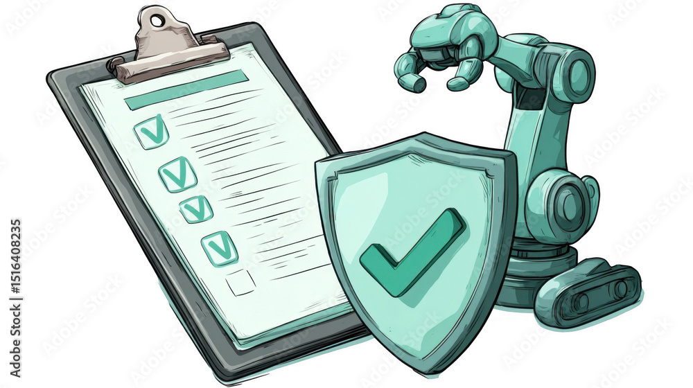 Poster robotic arm positioned near checklist and shield with check mark, representing automated security me
