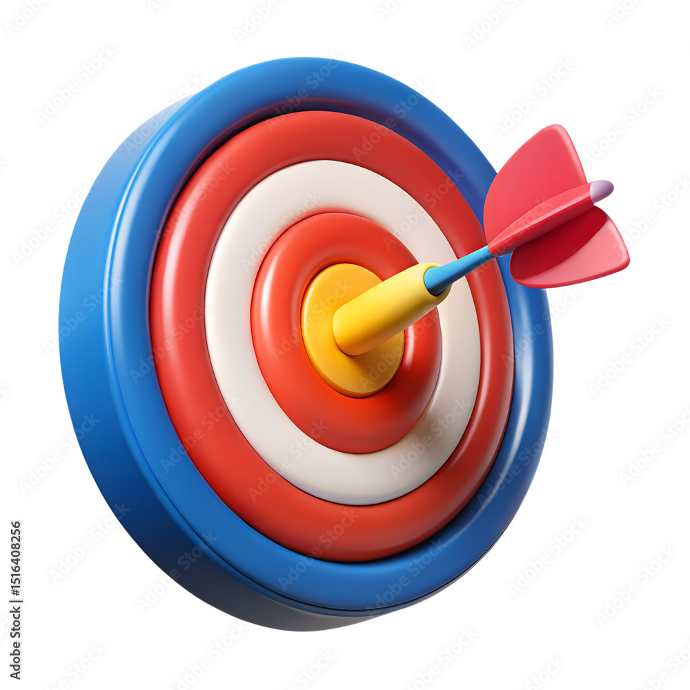 Poster a vibrant and colorful 3d rendering of a target with a dart hitting the bullseye for success and ach