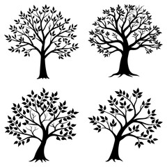 Four black silhouette trees with leaves arranged in a square pattern on a white background landscape view