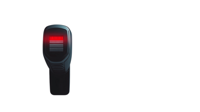 A high-resolution image of a single barcode scanner, centered in the frame, white background --ar 16:9