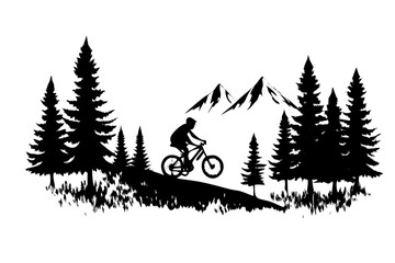 Mountain Biker Silhouette Against a Forest Background