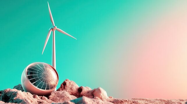 An artistic representation features a wind turbine and solar panel set against a colorful dune landscape, promoting renewable energy and sustainable living in a modern context. - Powered by Adobe
