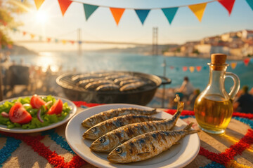 Flavors of Lisbon: A Festive Table with Grilled Sardines, Olive Oil, and Salad Set Against the Backdrop of Santo António Celebrations.