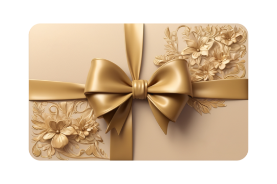 Soft floral accent with golden bow gift card template featuring transparent background and embossed details