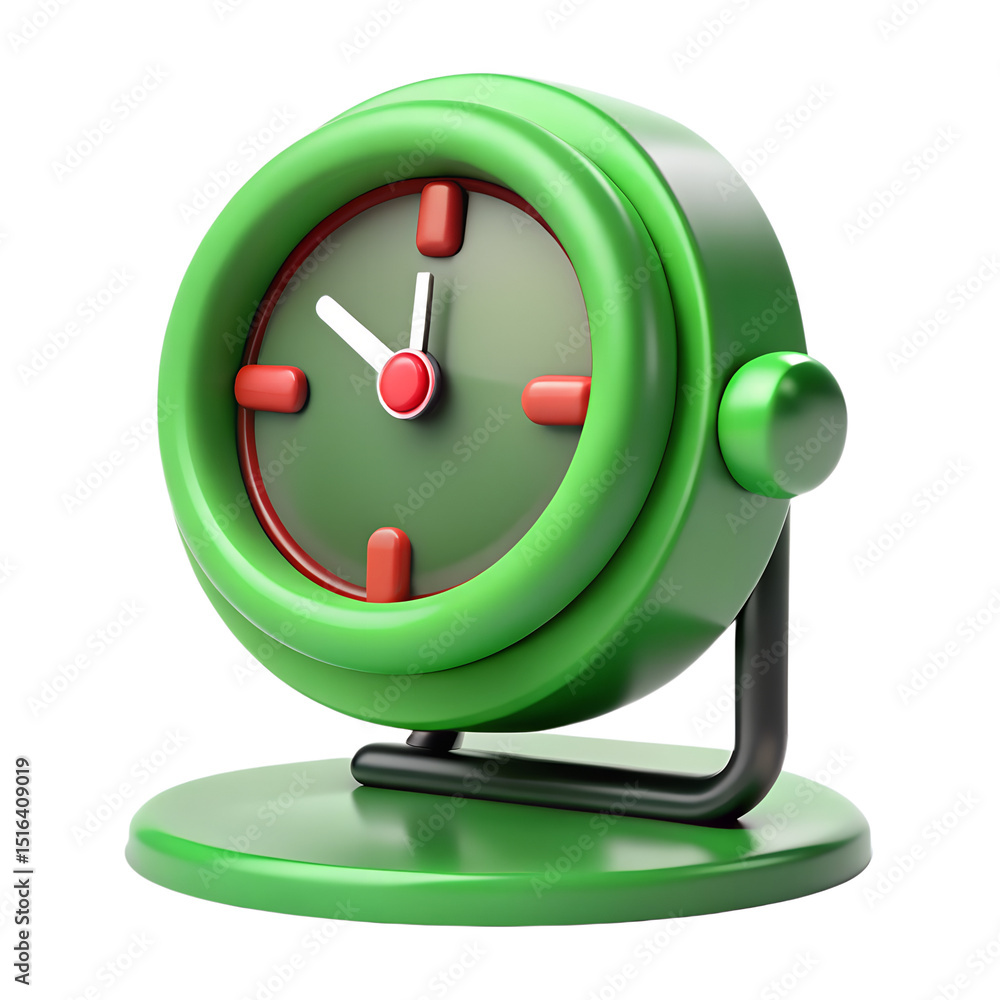 Poster a vivid 3d rendering of a green alarm clock icon rendered in plastic style on a transparent backdrop