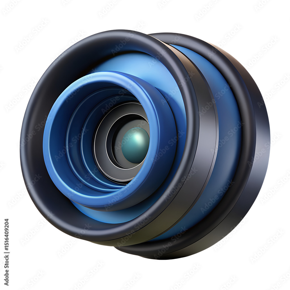 Poster abstract 3d rendering of a futuristic camera lens composed of plastic-style elements and shades of b