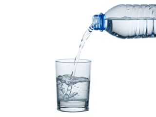 Crystal-clear water dynamically pouring out of a plastic bottle, frozen in motion against a transparent PNG background — ideal for high-impact hydration visuals, healthy living themes, advertising des