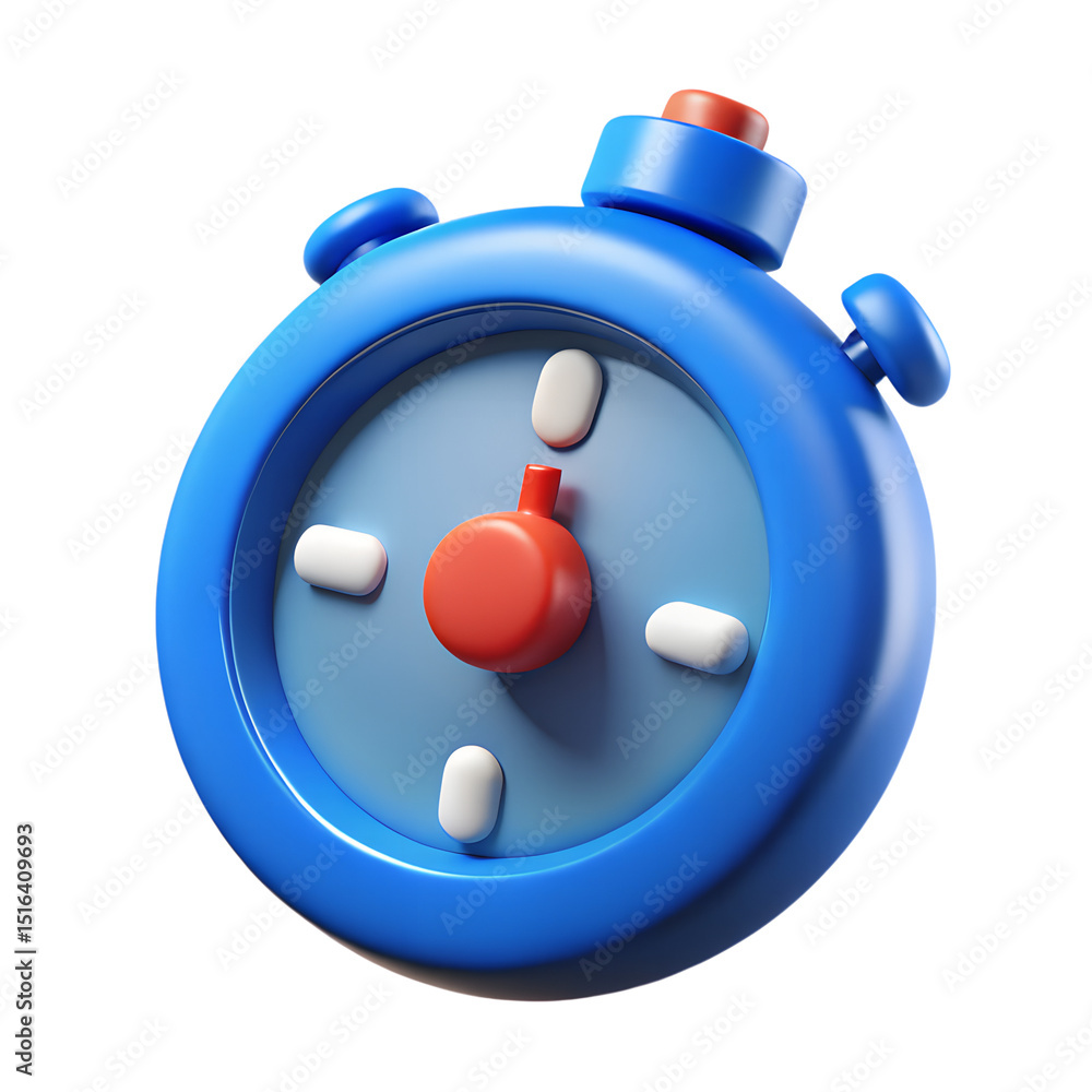 Poster blue and red 3d rendering of a plastic-style stopwatch icon isolated on a transparent background