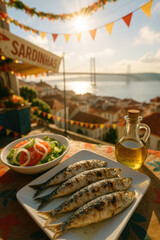 Naklejka premium Flavors of Lisbon: A Festive Table with Grilled Sardines, Olive Oil, and Salad Set Against the Backdrop of Santo António Celebrations.