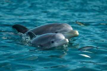 Obraz premium Two dolphins swimming in turquoise ocean water