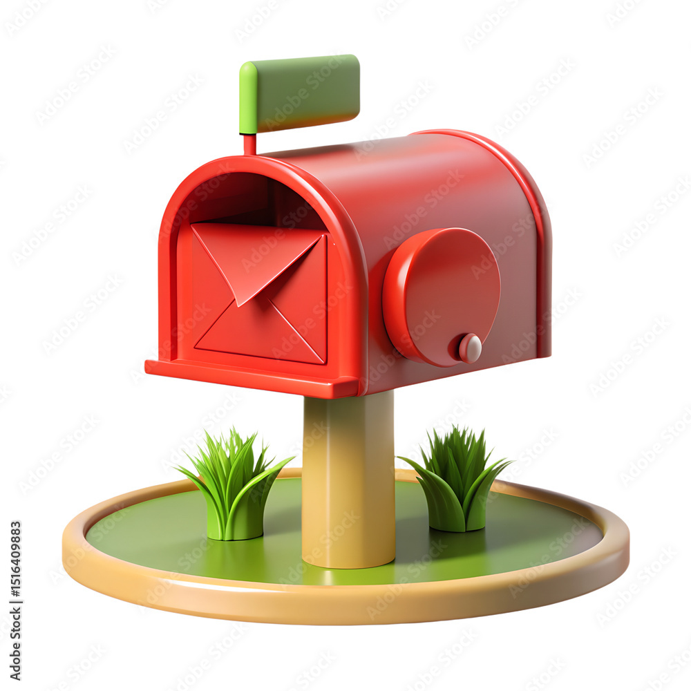Poster charming 3d rendering of a red mailbox icon with green grass and envelope, isolated on a transparent