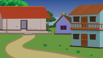 Indian Village Scene with Two-Story House, Clay Home, Tiled Roof House, Trees, Countryside Path, Evening Rural Landscape, Farming Settlement, Cartoon Style Illustration, Flat Vector Background Art

