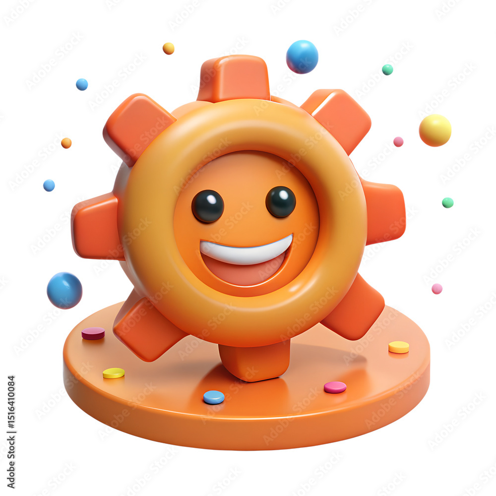 Poster cheerful gear character with big smile 3d rendering plastic-style icon solated on transparent backgr